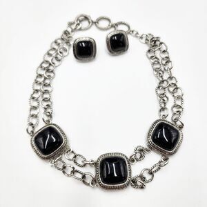 Park Lane Armada Necklace Earrings Black Onyx Cabochon Up To 20” Silvertone Chic